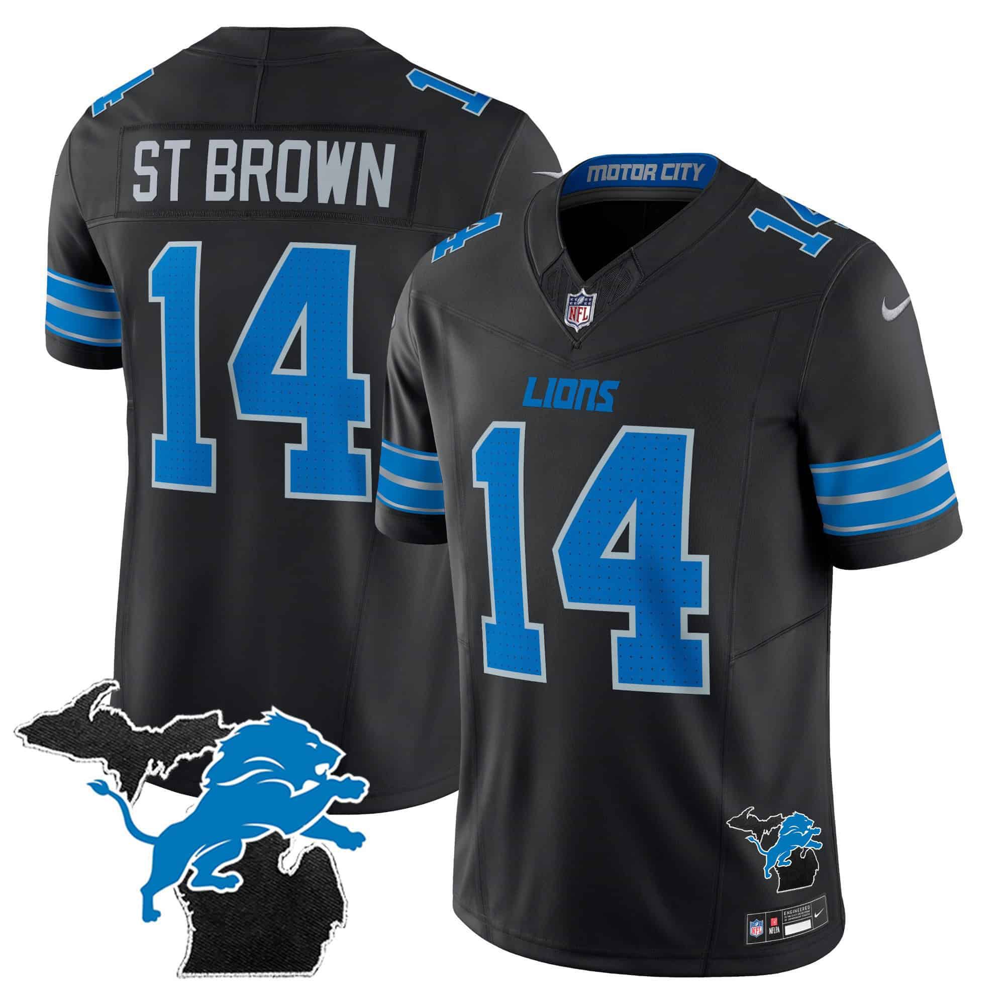 Men Detroit Lions #14 ST Brown Black 2024 Nike Michigan Patch Vapor Limited NFL Jersey style 1